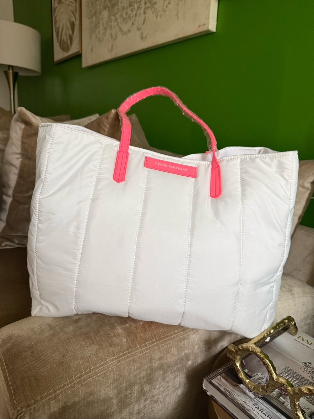 Drunk Elephant White Puffer Tote Bag Pink Handles NWOT